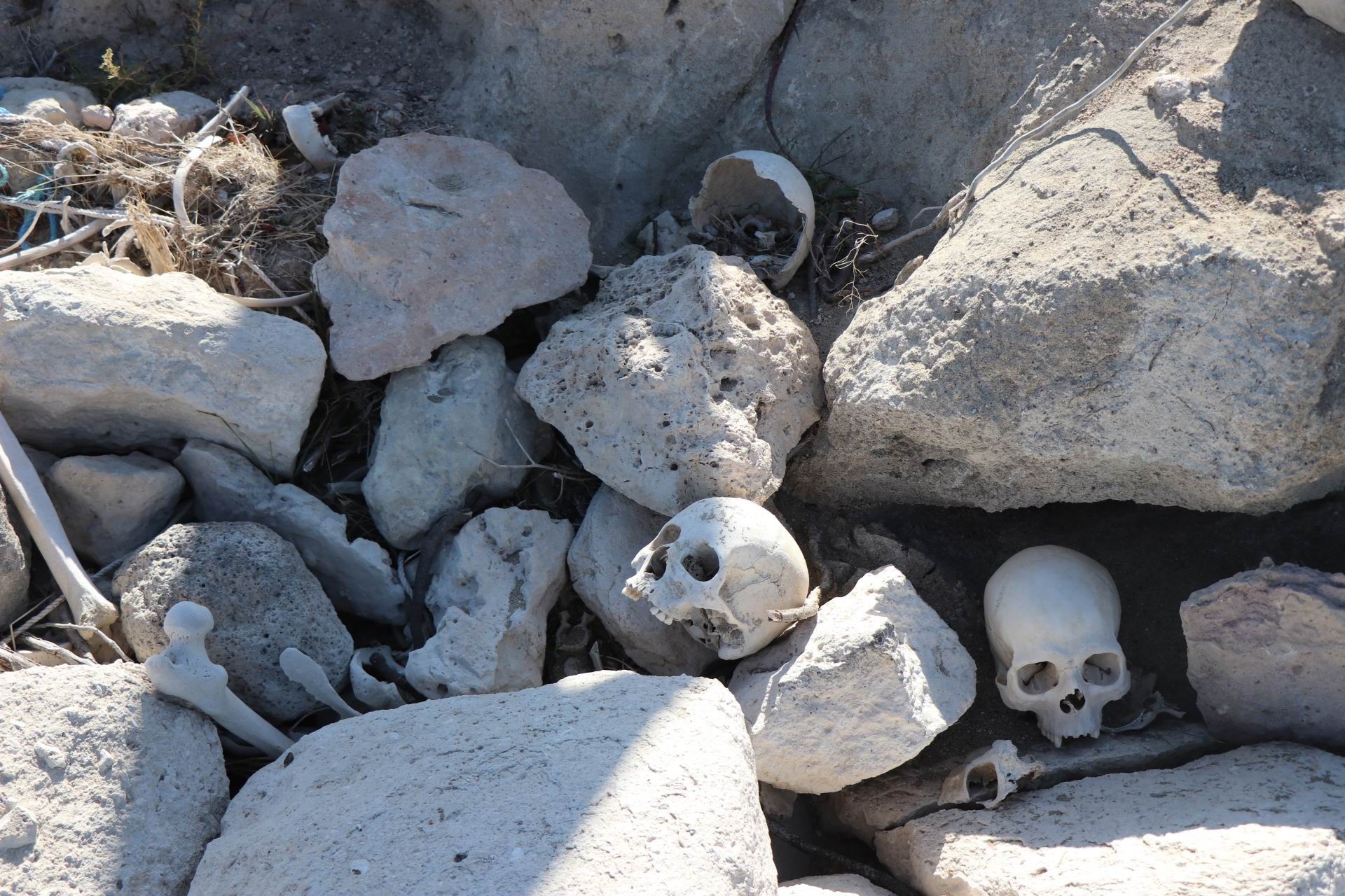 Suların çekilmesiyle ortaya çıkan kafataslarını belediye ekipleri mezarlığa defnetti