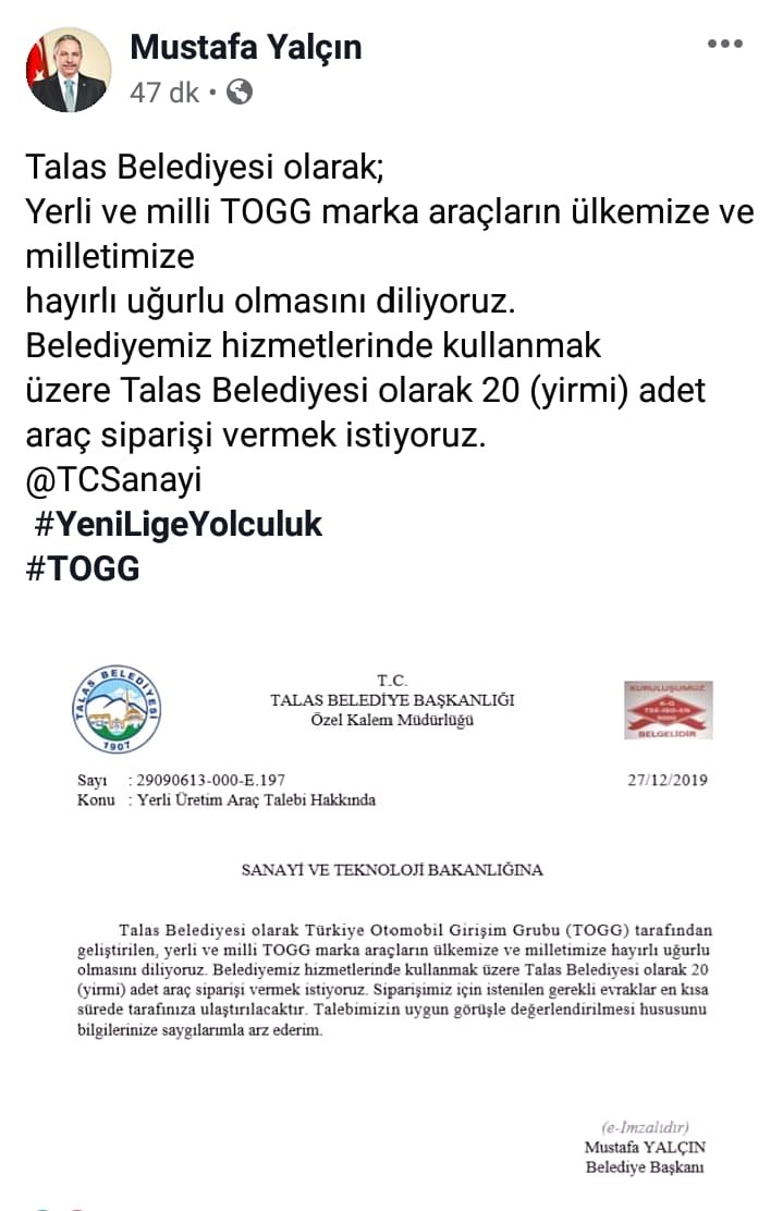TOGG’a bir sipariş de Kayseri’den