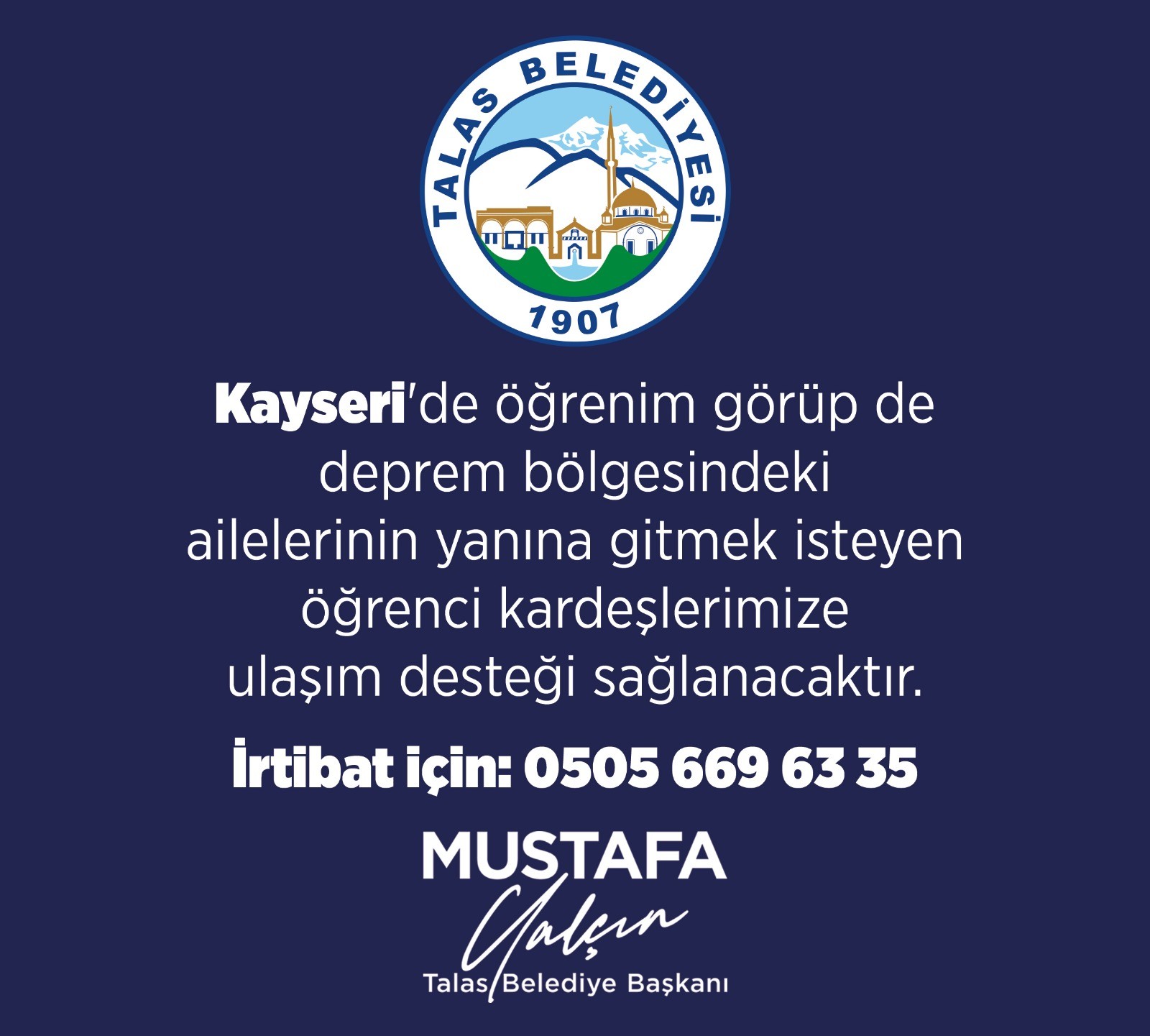 Talas Belediyesi deprem bölgesine gitmek isteyen öğrencilere ulaşım desteği verecek