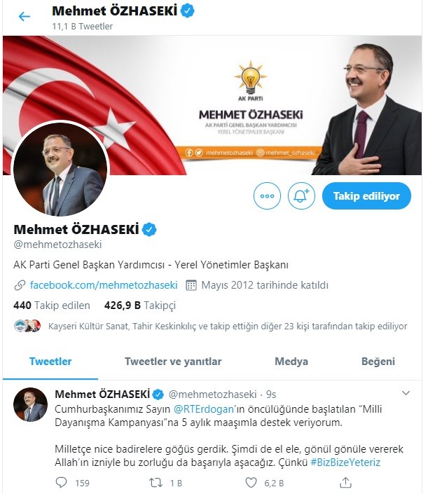 Milli Dayanışma Kampanyası’na Mehmet Özhaseki 5 maaşı ile destek verdi