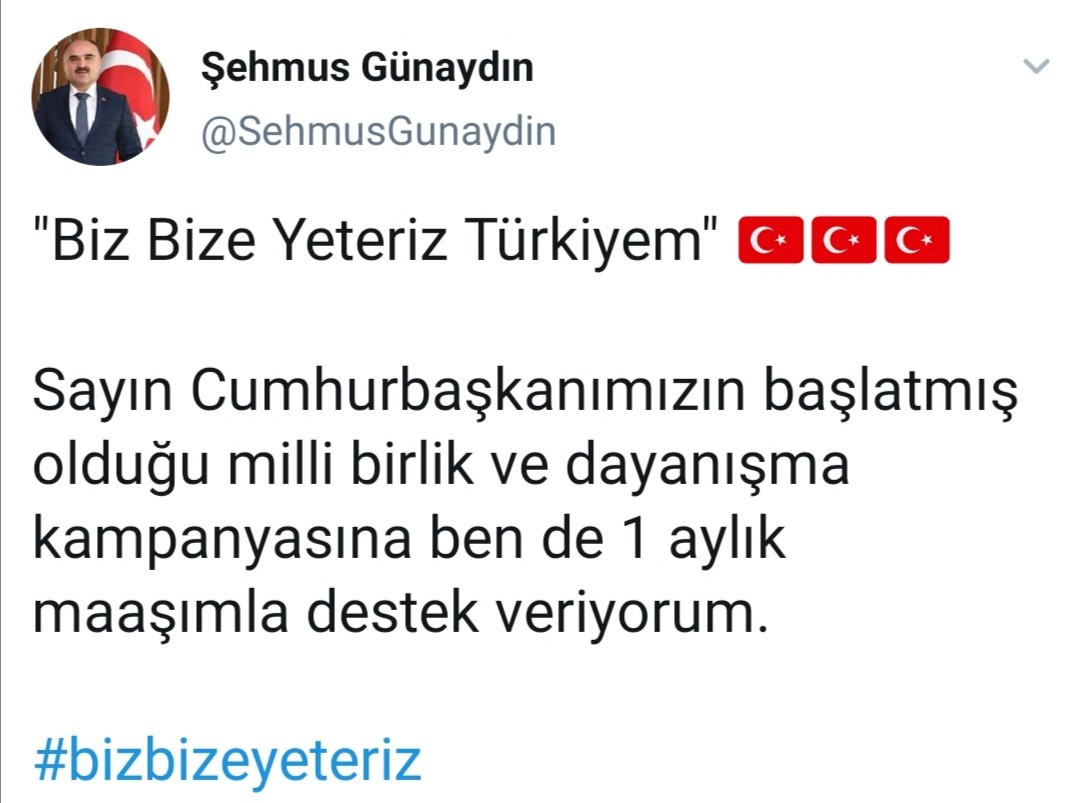 Şehmus Günaydın’dan Milli Dayanışma Kampanyası’na destek
