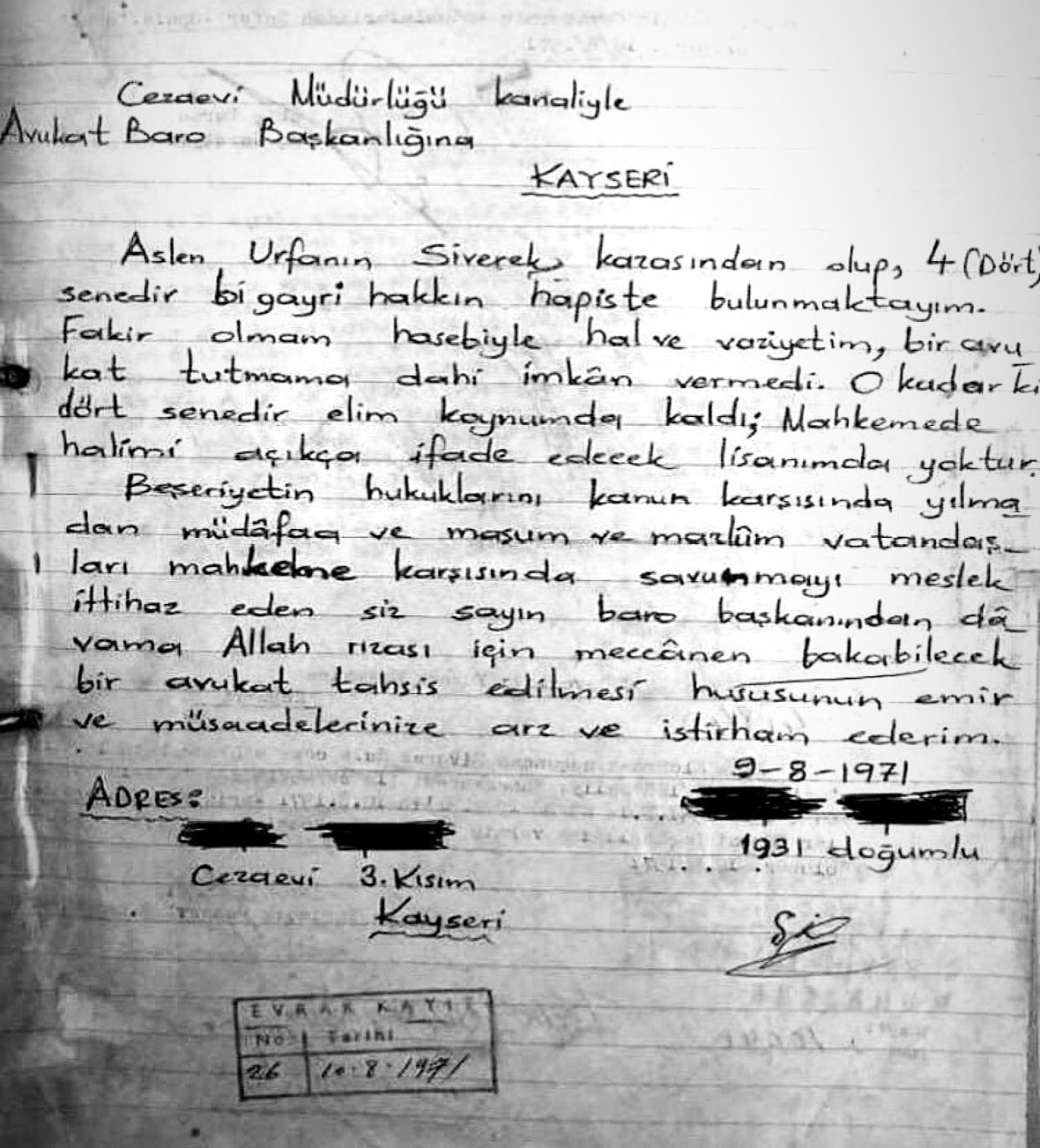 Kayseri Barosu’nun paylaştığı 49 yıllık mektup büyük beğeni topladı