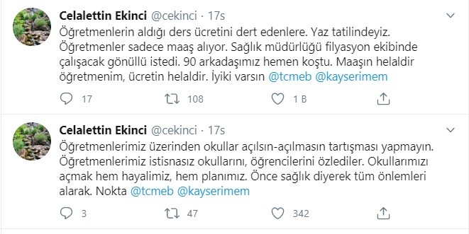 Ekinci, “Öğretmenlerimiz üzerinden okullar açılsın-açılmasın tartışması yapmayın”