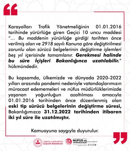 SÜRÜCÜ BELGESİ YENİLEME SÜRECİ UZATILDI